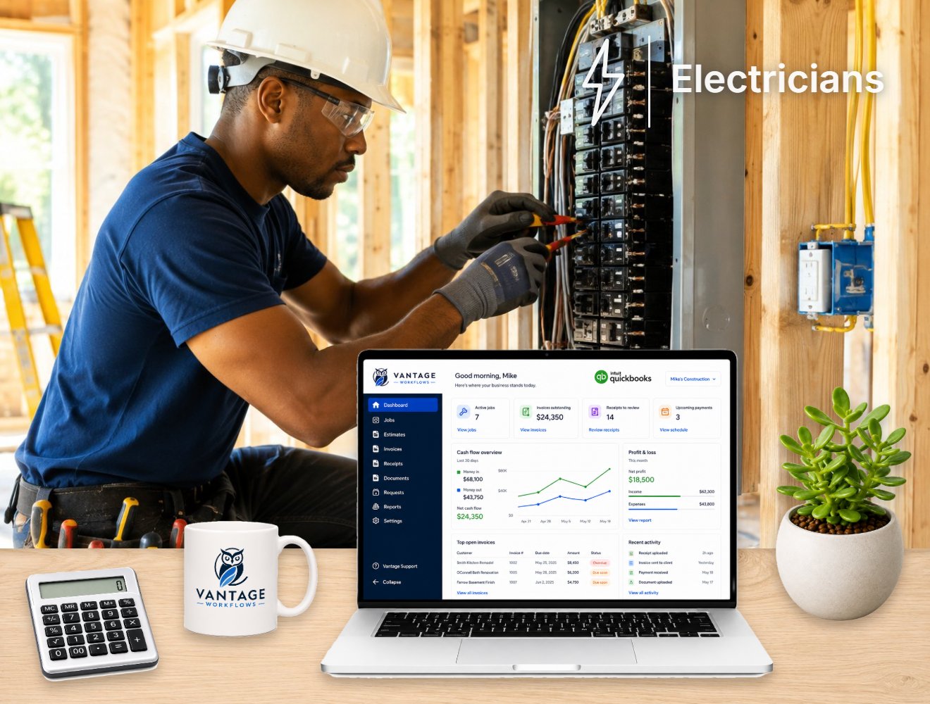 The Vantage dashboard on a contractor's desk, an electrician wiring a panel behind it