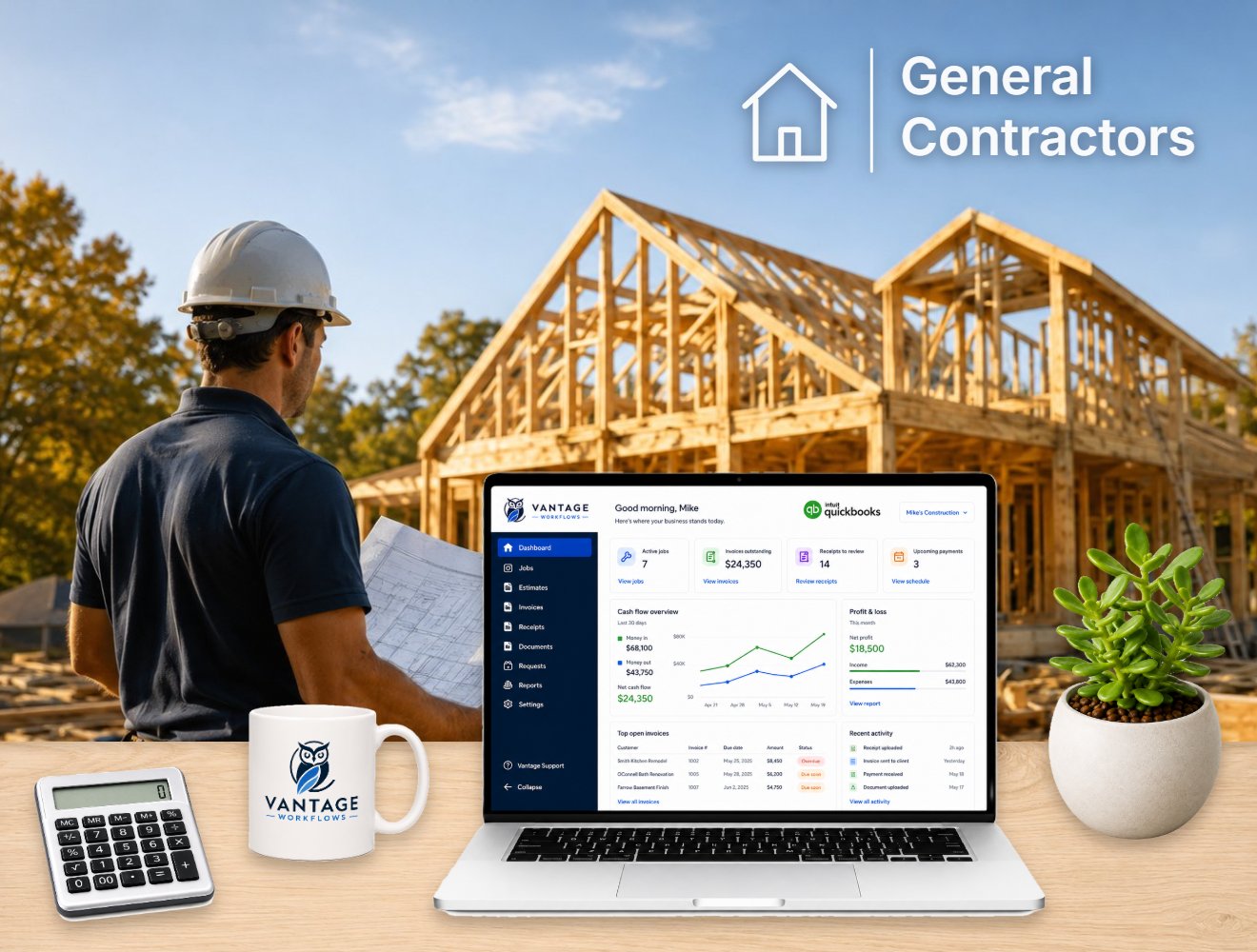 The Vantage dashboard on a contractor's desk, a general contractor reviewing plans at a framed house behind it