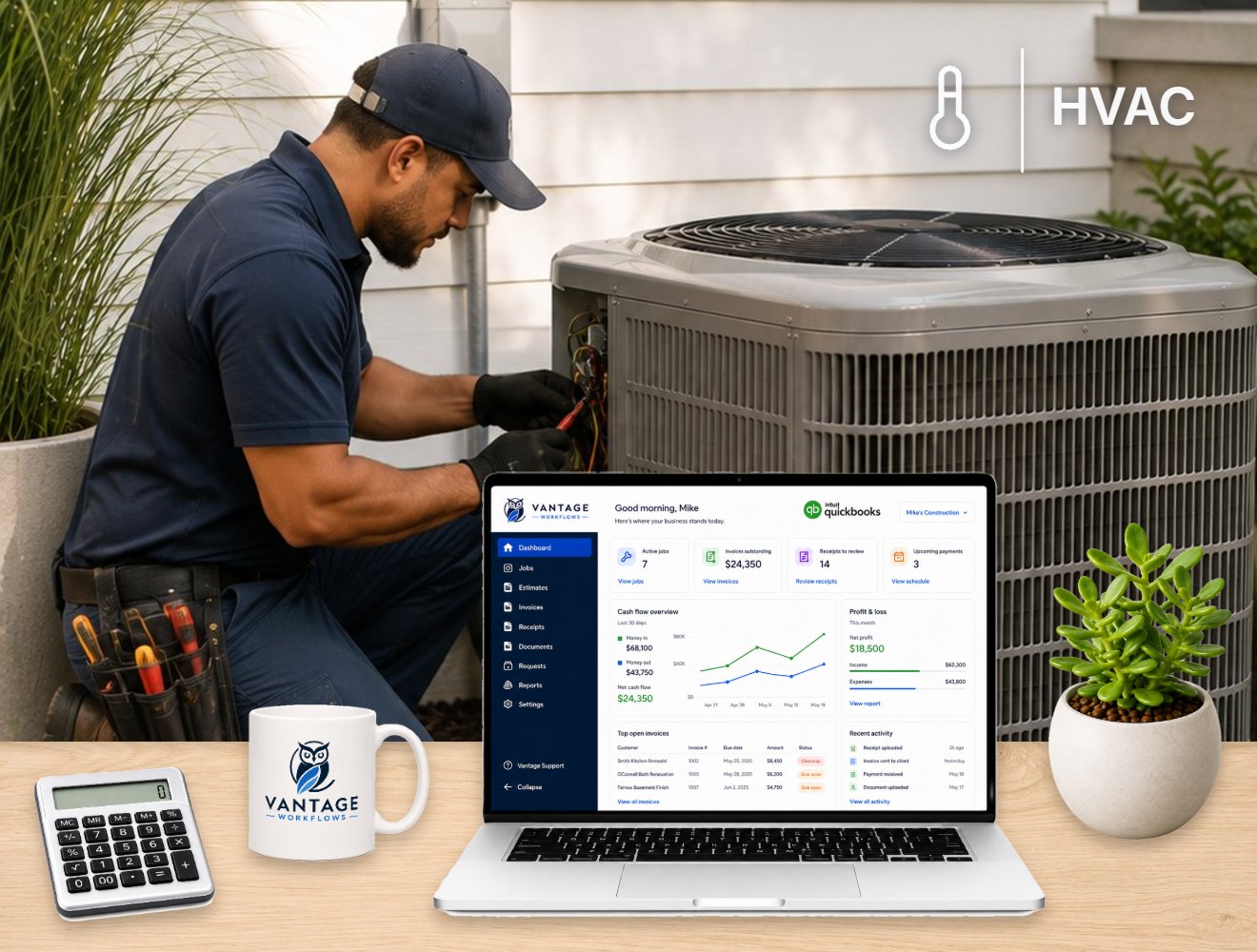The Vantage dashboard on a contractor's desk, an HVAC technician servicing an outdoor condenser unit behind it