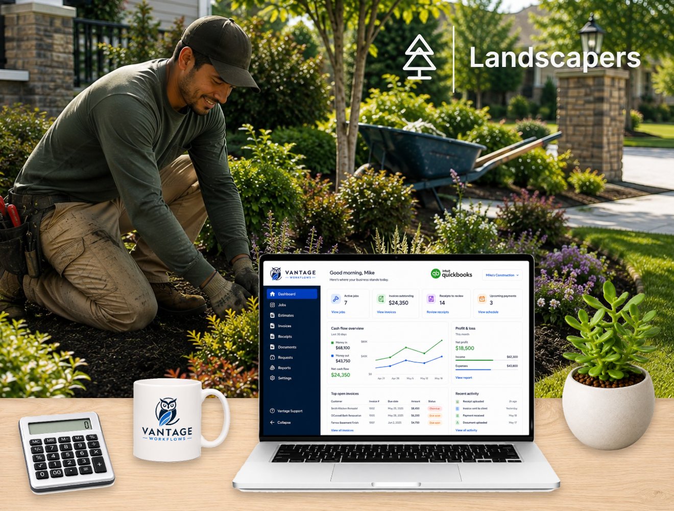 The Vantage dashboard on a contractor's desk, a landscaper planting a front-yard garden bed behind it