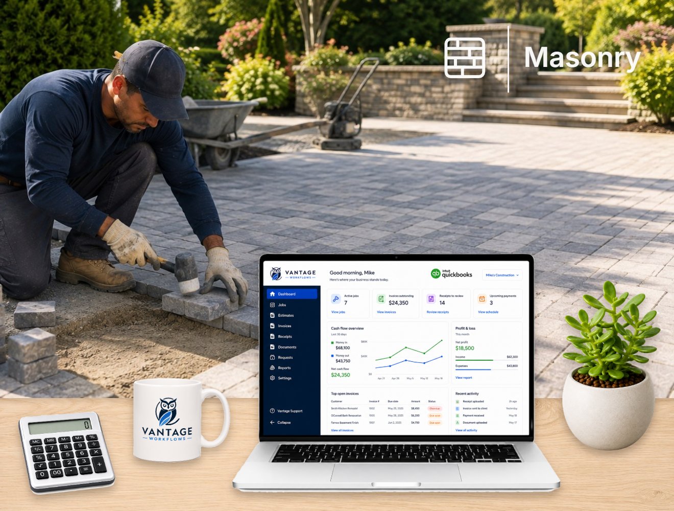 The Vantage dashboard on a contractor's desk, a mason laying driveway pavers behind it