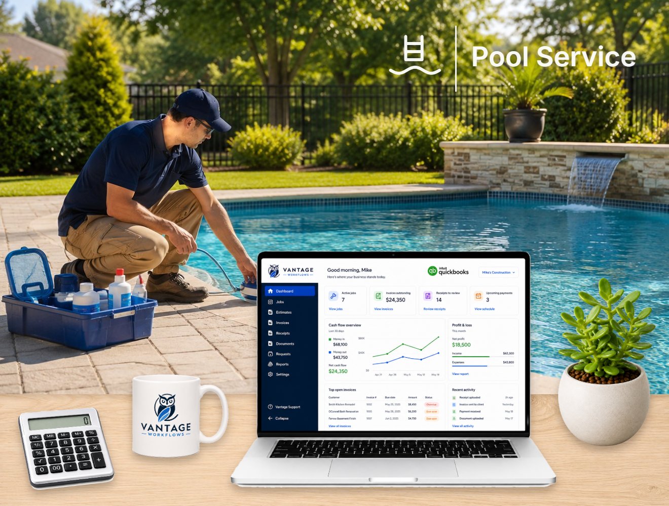 The Vantage dashboard on a contractor's desk, a pool service tech testing water at a backyard pool behind it