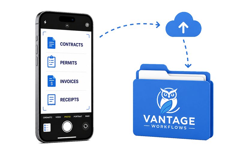 Phone checklist of contracts, permits, invoices and receipts uploading to a Vantage folder