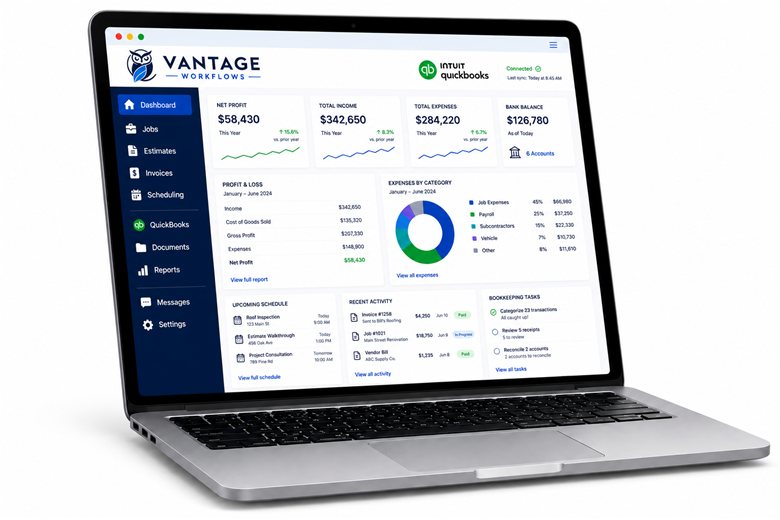 Vantage dashboard with profit and loss and job costs