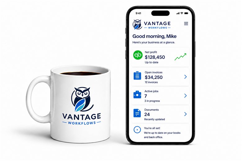 Vantage portal on a phone next to a coffee mug